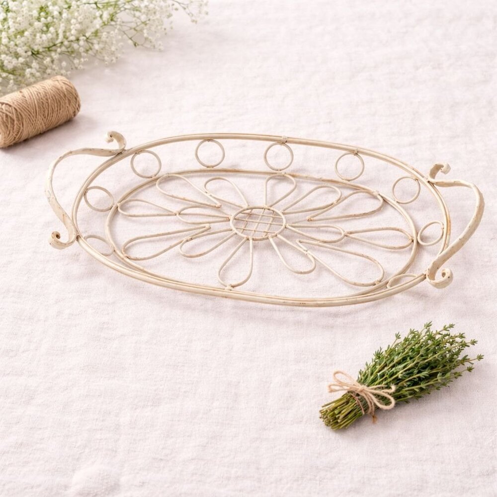 Farmhouse Oval Metal Tray Cream VTG Cottagecore Vanity Kitchen Decor Organizer